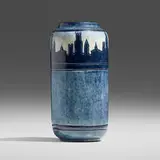 Rare and Early scenic vase with New Orleans skyline by Leona Nicholson for Newcomb College Pottery, 1903, glazed earthenware, sold Sep 2023