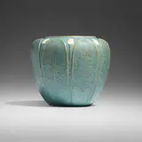 Rare blue vase with white buds by Grueby Faience Company, 1898-1910, glazed earthenware, sold Sep 2023