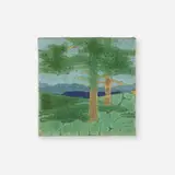 The Pines trivet by Addison LeBoutillier for Grueby Faience Company, c. 1906, glazed earthenware decorated in cuenca, sold Sep 2023