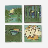 Collection of four trivets by Grueby Faience Company, c. 1905, glazed earthenware decorated in cuenca, patinated and hand-wrought copper, sold Sep 2023