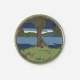 Trivet tile with landscape by Albina Mangini for Saturday Evening Girls, 1910, glazed earthenware, sold Sep 2023
