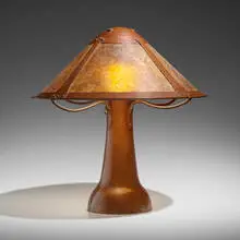 Early and Rare table lamp by Dirk Van Erp, c. 1912, handwrought copper, mica, sold Sep 2023
