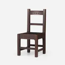 Chair, model 027 by Roycroft, c. 1906, oak, leather, patinated and brass-plated steel, sold Sep 2023