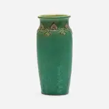 Fine vase with leaves by Frederick Hurten Rhead for Arequipa Pottery, 1911-13, glazed squeezebag-decorated earthenware, sold Sep 2023