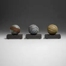 Jacques Vesery, Roll Away the Dew; That's a Wrap; Tritubyteme (three works from the Diversity in the Round series), 2008, carved and textured cherry, honey locust, acrylic paint