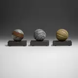 Jacques Vesery, Roll Away the Dew; That's a Wrap; Tritubyteme (three works from the Diversity in the Round series), 2008, carved and textured cherry, honey locust, acrylic paint