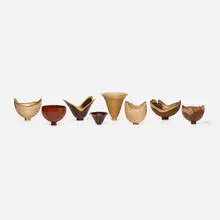 Bert Marsh, Collection of eight bowls, 2003-2010, maple, pink ivory, English brown oak, laburnum, burl, rosewood, mazur birch