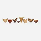 Bert Marsh, Collection of eight bowls, 2003-2010, maple, pink ivory, English brown oak, laburnum, burl, rosewood, mazur birch