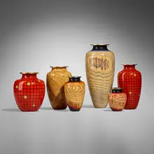 Steve Sinner, Collection of six vessels, 2007, 2008, 2010, hickory, maple, black ash burl, acrylic, pen and ink, gold leaf