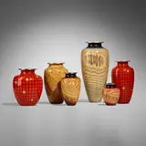 Steve Sinner, Collection of six vessels, 2007, 2008, 2010, hickory, maple, black ash burl, acrylic, pen and ink, gold leaf