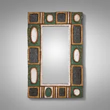 Wall mirror by Les Argonautes, c. 1965, glazed stoneware, mirrored glass, sold Oct 2025