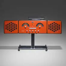 RR126 stereo by Achille & Pier Giacomo Castiglioni, 1965, lacquered wood, brushed and enameled aluminum, plastic, sold Oct 2025