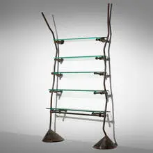 Ron Arad, Unique custom shelf from Bazaar, London, 1984, patinated steel, cast iron, glass, steel