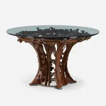 Albert Paley, Meridian table, 2015, forged, formed and fabricated steel with natural patina, glass