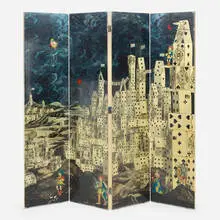 Citta de Carte/Farfalle folding screen by Piero Fornasetti, 1950, lithographic-transfer print with hand-coloring over lacquered wood, stainless steel, sold Oct 2025