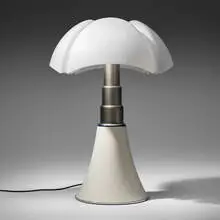 Gae Aulenti, Pipistrello table lamp, model 620, 1965, enameled aluminum, stainless steel, methacrylate, chrome-plated steel