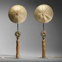 Table lamps, pair by Line Vautrin, Talosel resin, colored glass, brass, fabric shade, sold Oct 2025