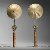 Line Vautrin, Table lamps, pair, Talosel resin, colored glass, brass, fabric shade