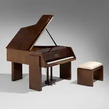 attribution Jacques Adnet, Piano and bench, c. 1930, rosewood, silk upholstery