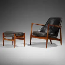 Elizabeth lounge chair and ottoman by Ib Kofod-Larsen, 1956, oak, leather, sold Oct 2025
