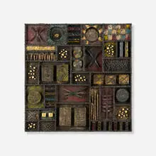 Sculptured Front wall panel by Paul Evans, 1965, welded, gilt and polychromed steel, 23 karat gold leaf, sold Oct 2025