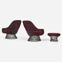 Warren Platner, Rare and early lounge chairs model 1715, pair and ottoman, model 1907, microfiber upholstery, bronze-plated steel