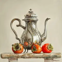 Valeriy Shishkin, Jug and plums, Teapot and persimmons; a pair, oil on canvas