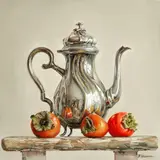 Valeriy Shishkin, Jug and plums, Teapot and persimmons; a pair, oil on canvas