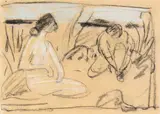 Otto Mueller, Zwei Badende am Ufer, Um 1913, Kreide und Farbkreide auf dünnem braunen Papier, auf braunes Papier montiert