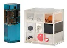 Artists Unknown, Music box pieces encased in colored acrylic & acrylic curio box with marbles and tacks, Mixed media in acrylic