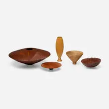 Vaughn Richmond, Collection of five vessels, lacewood, yew, mahogany, huon pine