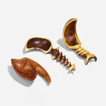 Untitled; Zig Zag; Scorpion (three spoons) by Norm Sartorius, 2014, 2016, Madrone burl, Australian snakewood, sold Jul 2023