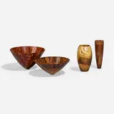 Mike Shuler, Collection of four vessels, 2001, 2010, 2013, 2016, Australian lacewood, zebra wood, ebony, holly, pinecone