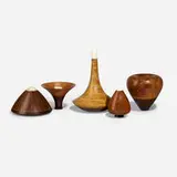 Galen Carpenter, Collection of five vessels, 1998, 1999, 2000, pinecone, koa, bone, mahogany, wenge, parallam, maple veneer, ebony, maple burl, purpleheart