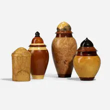Michael Mode, Collection of four lidded vessels, 1997, 1998, 1999, rosewood, maple burl, walnut, buckeye burl, holly, myrtle burl, purpleheart wood, pink ivory wood, ebony, box elder, Gonçalo Alves