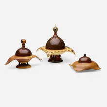 Michael Mode, Collection of three lidded vessels, 1993-2011, wenge, holly, ebony, pink ivory, maple, bone, yellow heart, lacewood, cocobolo, African blackwood, purple heart