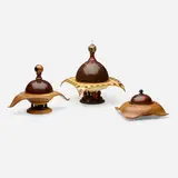 Michael Mode, Collection of three lidded vessels, 1993-2011, wenge, holly, ebony, pink ivory, maple, bone, yellow heart, lacewood, cocobolo, African blackwood, purple heart