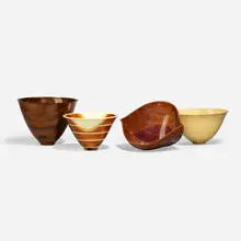 Collection of four bowls by Michael Mode, 2000, 2006, 2010, holly, cocobolo, purple heart, yellow heart, sold Jul 2023