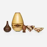 Collection of five open segmented works by Bill Smith, Ray Feltz, and Curt Theobald, holly, wenge, ebony, pear wood, purple heart, pink ivory, walnut, butternut, sold Jul 2023