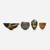 Collection of four works by Michael Hosaluk, Sharon Doughtie, and Todd Hoyer, 2004, 2010, 2016, madrone burl, copper leaf, epoxy, birch, rice, norfolk pine, gold leaf, burned wood, sold Jul 2023