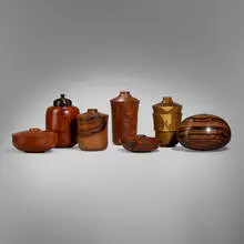Collection of seven vessels by Dan Kvitka, 1998, 2000, 2004, ebony, amboyna, thuya, vera, pink ivory wood, rosewood, sold Jul 2023
