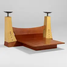 Wendell Castle, It's Not Over Til It's Over king-size platform bed, 1990, bubinga, bleached curly maple, mahogany, ebony, patinated bronze, brass