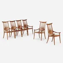 Sam Maloof, Horn back chairs, set of six, 1990, walnut, ebony