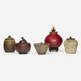 Royal Copenhagen, Collection of five covered vessels, c. 1929-1950, glazed stoneware, bronze, gilt bronze