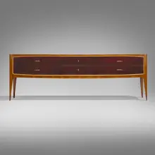 Paolo Buffa, Cabinet, c. 1955, curly maple, lacquered mahogany, walnut, brass