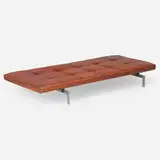 PK 80 daybed by Poul Kjærholm, 1957, matte chrome-plated steel, lacquered wood, leather upholstery, sold Oct 2025