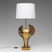 Willy Daro, Table lamp, c. 1975, gilt bronze, brass, quartz, fabric shade