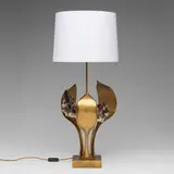 Willy Daro, Table lamp, c. 1975, gilt bronze, brass, quartz, fabric shade