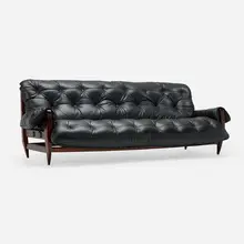 Rodeio sofa by Jean Gillon, c. 1965, jacaranda, leather, sold Oct 2025
