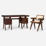 Executive desk and office chair from Chandigarh by Pierre Jeanneret, c. 1960, teak, leather, linen upholstery, cane, aluminum, sold Oct 2025